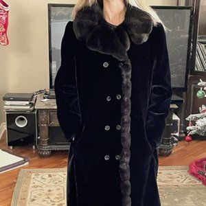 Black Faux Fur Coat, Faux Mink Collar & Trim